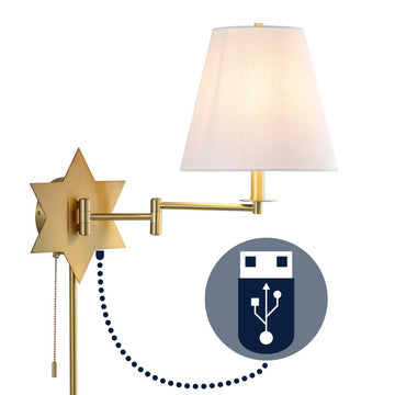 David 18.5" Modern French Country Swing Arm Plug-In or Hardwired Iron LED Star Wall Sconce with Pull-Chain and USB Charging Port - JONATHAN Y